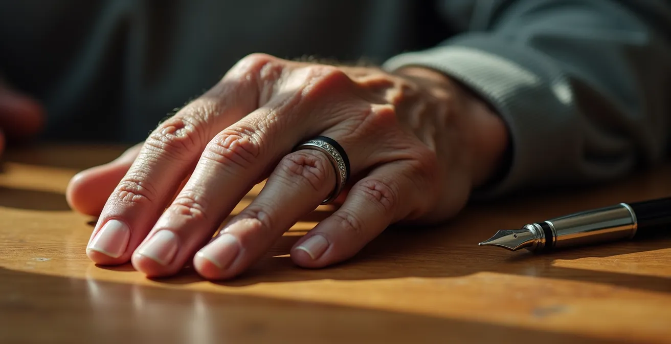 Main d'une personne âgée consultant des documents de planification