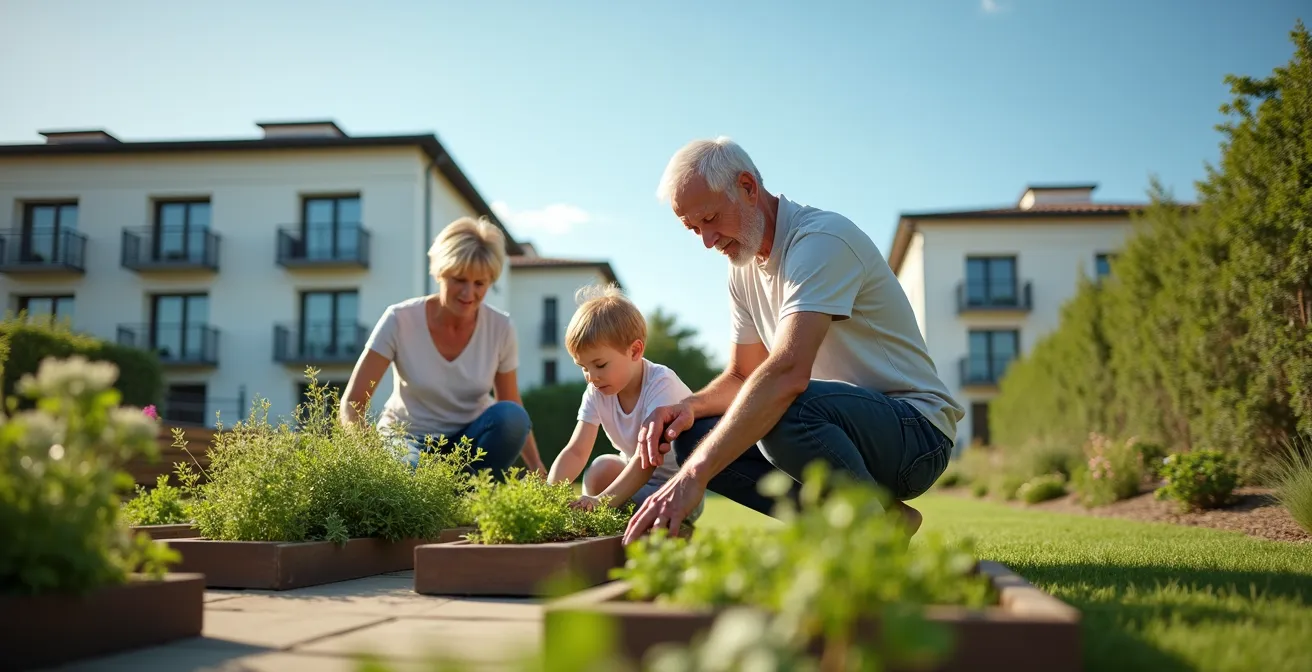 Jardin de résidence avec enfants et grands-parents partageant un moment