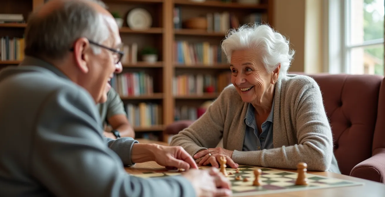 Groupe de résidents partageant un moment convivial dans le salon commun