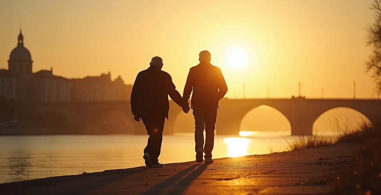 Senior et étudiant marchant ensemble le long des berges du Rhône à Lyon