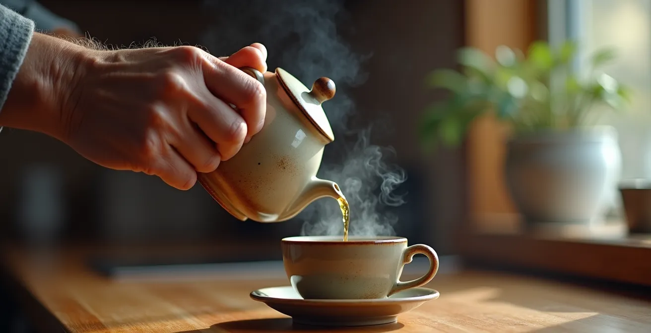 Gros plan sur les mains d'un senior préparant du thé dans une cuisine lumineuse