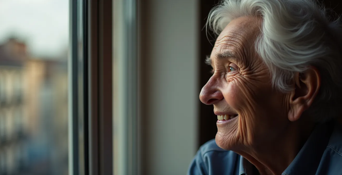 Portrait d'un senior regardant par la fenêtre avec une expression sereine