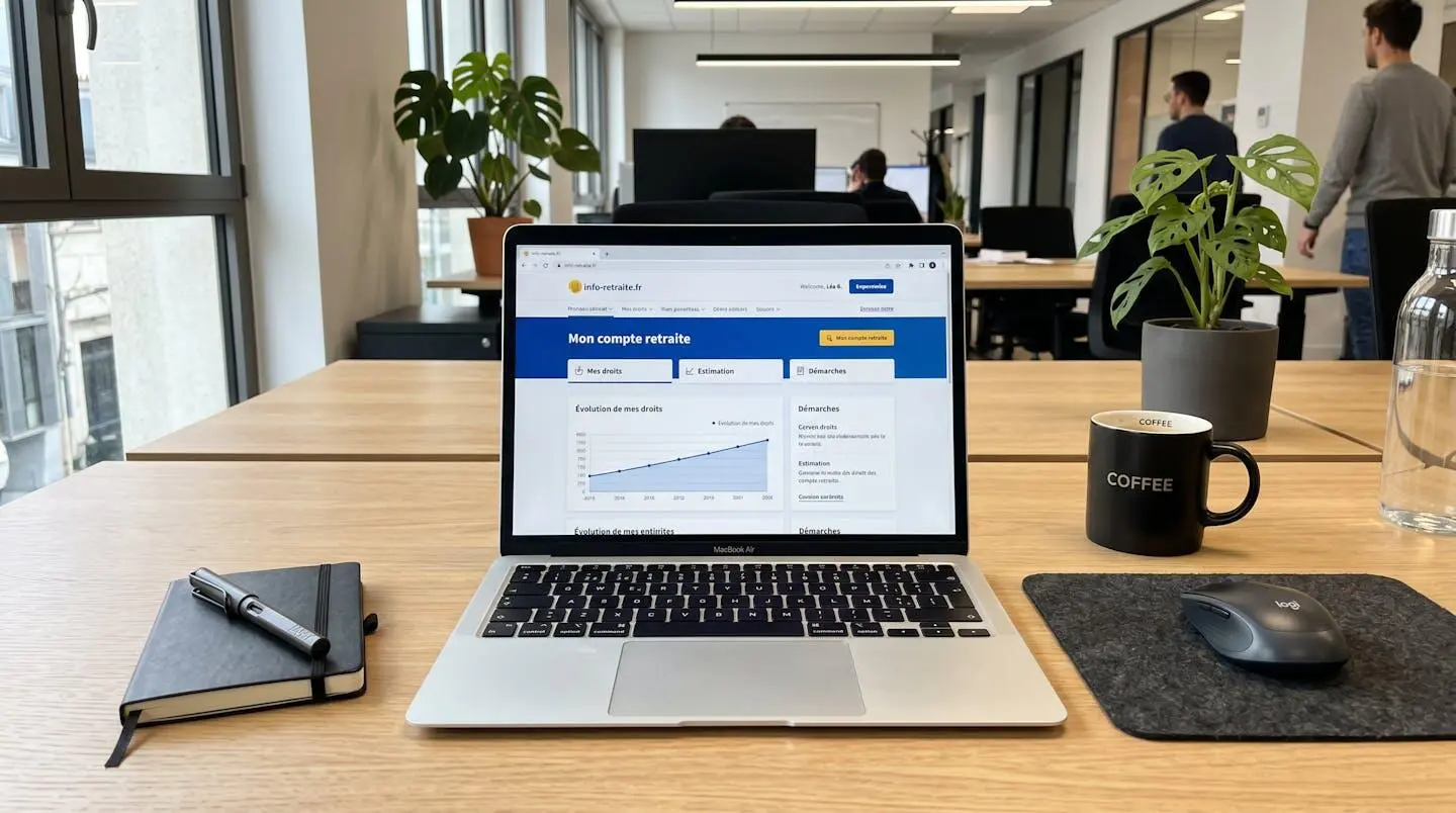 Bureau moderne épuré avec ordinateur portable ouvert, écran flouté, et quelques documents bien organisés, lumière naturelle abondante