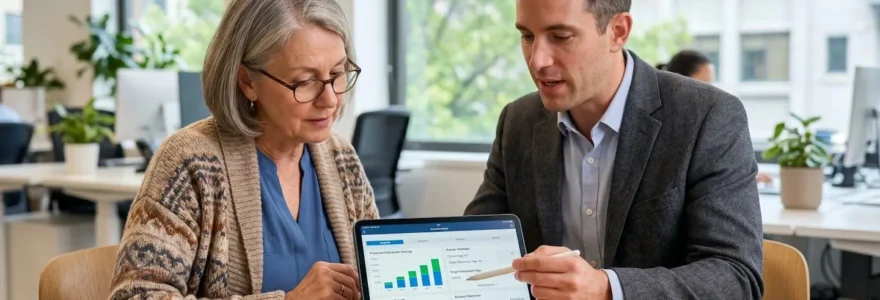 Une femme d'environ 60 ans et un conseiller assis côte à côte regardent ensemble un document sur une tablette dans un bureau lumineux