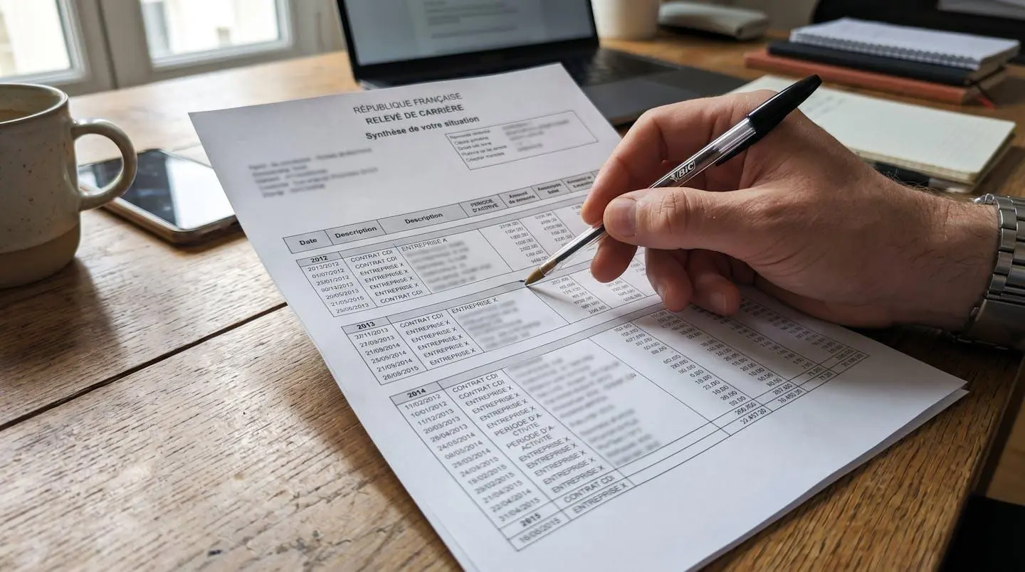 Gros plan sur un relevé de carrière papier avec des lignes de tableau, une main tenant un stylo pointe une ligne spécifique, mise au point sélective sur le document