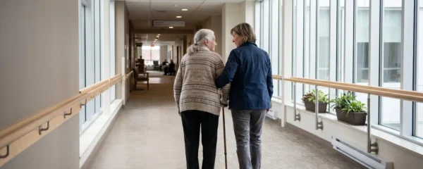 Une femme d'âge mûr accompagne sa mère âgée dans le couloir lumineux d'un établissement médicalisé moderne, vue de dos, lumière naturelle