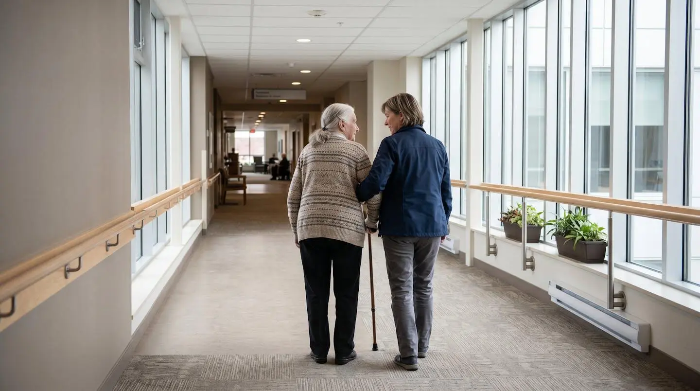 Une femme d'âge mûr accompagne sa mère âgée dans le couloir lumineux d'un établissement médicalisé moderne, vue de dos, lumière naturelle