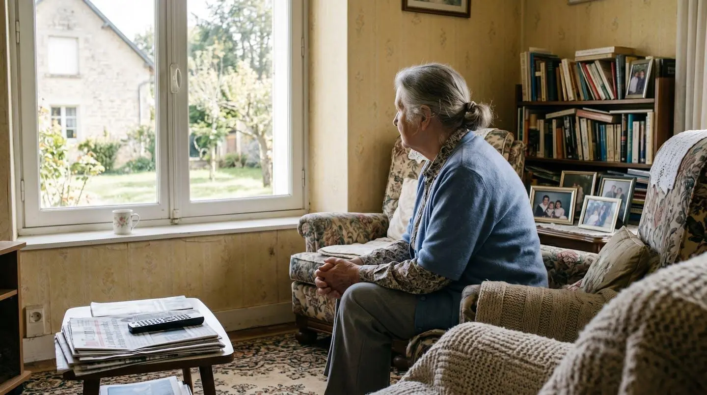 Personne âgée assise seule près de la fenêtre de son salon familier, vue de dos, lumière naturelle douce, posture contemplative