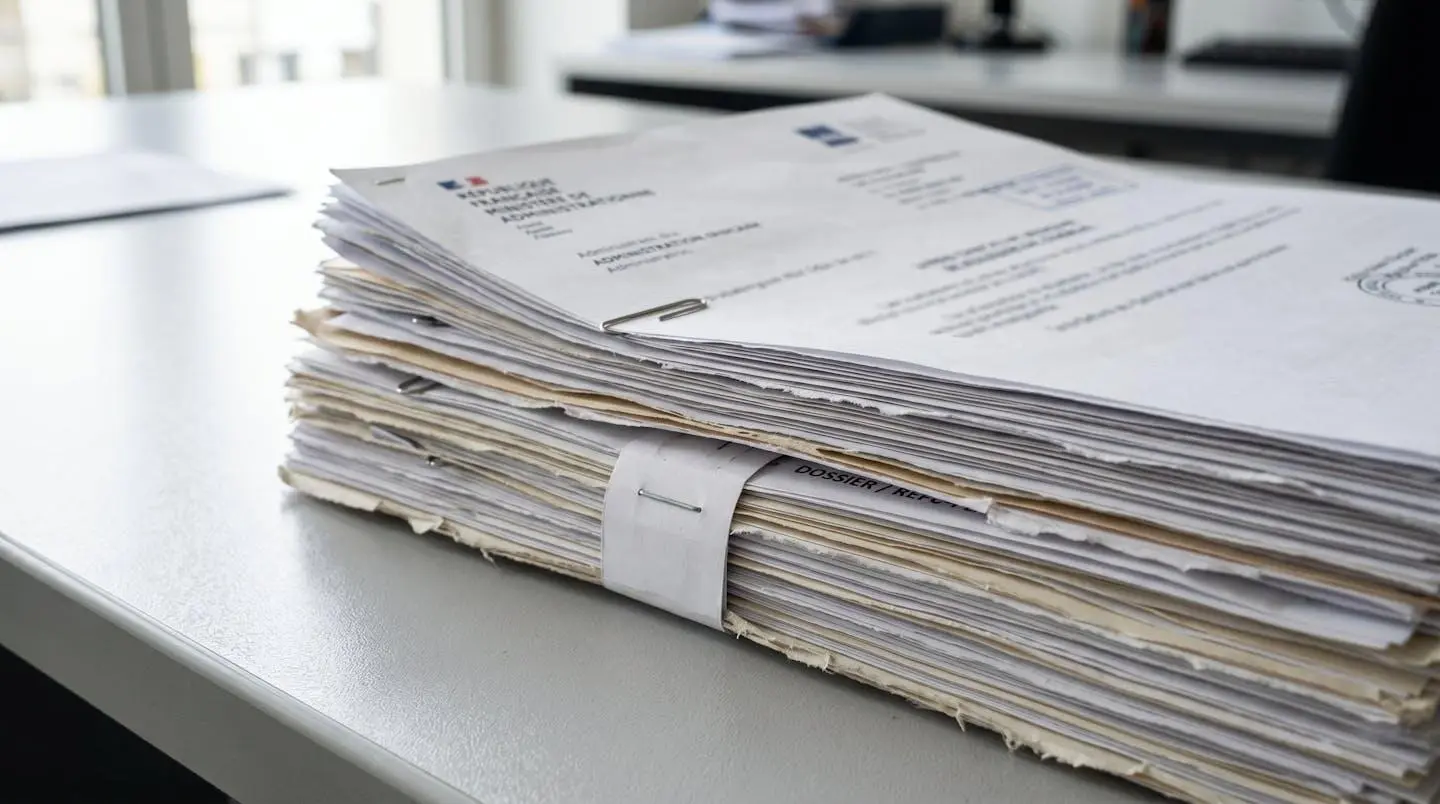 Pile de documents administratifs officiels posés sur un bureau blanc épuré, gros plan sur les en-têtes et bordures, lumière naturelle latérale, tout est net